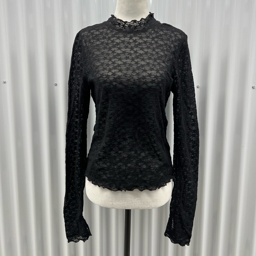 Free People - Black lace long sleeve top with ruffle neckline and cuffs - size M